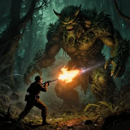 a soldier firing a flamethrower at a huge plant monster, high contrast cinematic light, mystical shadows, sharp focus, octane render, artists philippe caza with richard corben and mœbius