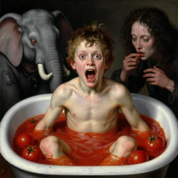 a boy like eraserhead and elephant man sitting in a tub full of tomato sauce, looking straight into camera, screaming in desperation, by giuseppe arcimboldo and ambrosius benson, renaissance, fruit, intricate and intense oil paint, a touch of beksinski and hr giger, realistic, nightmare