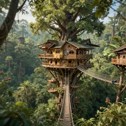 a vast treehouse city built in an ancient forest, rope bridges, greg rutkowski, 8 k, shallow depth of field, intricate detail, concept art,