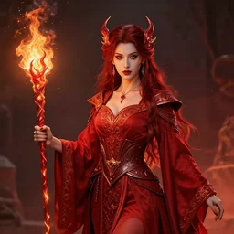 beautiful elemental fire witch with ornate red robes and staff, highly detailed, 8 k, hdr, smooth, sharp focus, high resolution, award - winning photo, artgerm, photorealistic