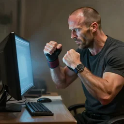 jason statham fighting a pc, half body shot, path traced, fight scene, highly detailed, high quality, digital painting