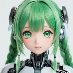 close up of cybernetic kawaii girl with green dreads, anime, detailed anime, hyper realistic anime, realistic anime, manga anime, chibi anime, detailed, highly detailed, hd, 4 k, sharp, clear, high res, high quality, cinematic, 2 point studio lighting,