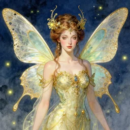 portrait of beautiful faerie with butterfly wings, elegant, regal, intricate, fireflies in a twilight background, highly detailed, digital painting, artstation, concept art, sharp focus, watercolor ink illustration, complementary colors, art by greg rutkowski and alphonse mucha and karol bak