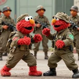 Elmo from Sesame Street fighting in Vietnam War, wearing combat fatigues, 1960s color photograph