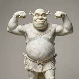 greek marble statue of shrek flexing his arms behind his back