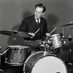 1940's musician playing drums, drumkit, photorealistic art, hd, 8k, intricate details, high definition