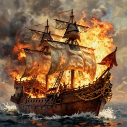 Pirate ship on fire, digital art, detailed, artstation, realistic