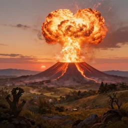 where's wally at sunset in an exploding volcano seething, ethereal landscape, claude lorrain pastoral landscape