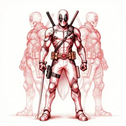 symmetry concpet art, full shot, traditional ink, red and black sketch, of deathpool, line sketch, intricate, elegant, highly detailed, monochrome, digital painting, artstation, concept art, sharp focus, illustration, art by borderlands 3 and peter polach