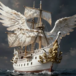 detailed white pirate ship with large feathered wings by greg rutkowski, enigmatic atmosphere, beautiful and cinematic lighting, artstation hq.
