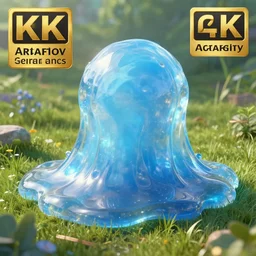 transparent!!!!!!!!!!!!! translucent render of one huge fantasy bluish slime in the meadow. fantasy, high details, masterpiece, cgsociety, octane render, 8 k, volumetric lighting, photorealism, translucent raytracing, artstation contest winner