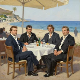 an italian mafia family at a beachside restaurant oil painting