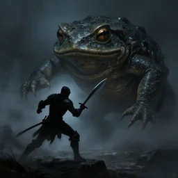 a digital painting of the silhouette of a knight fighting a giant slime covered monster toad, dark fantasy, dark night, foggy, atmospheric, realistic, highly detailed, by tony sart and gerald brom