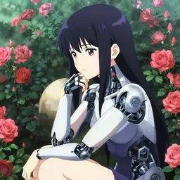 cyborg girl in cyberpunk rose garden, contemplation, anime epic artwork, kyoto animation, key visual, 4 k, ultra fine detail