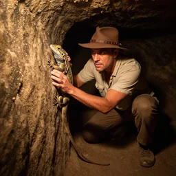 lizard indiana jones exploring an underground crypt