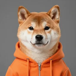 shiba inu wearing an orange hoodie,realistic,art by greg rutkowski