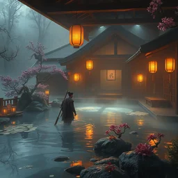 painting of lone warrior in private magical empty onsen next to japanese inn with levitating lanterns and flowers by greg rutkowski craig mullins ross tran mucha cozy hot springs bonsai zen garden steamy flowers japanese motifs concept art clear focus fantasy specular lighting unreal engine lumen trending on artstation