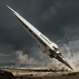 concept art of a large space vessel in the shape of an spear by paul chadeisson