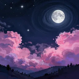 matte painting layered night sky. Stars and a swirly starry night moon. pink and purple ombre puffy cotton candy clouds. Dark hills forest silhouette below. Cyril Roland naomi okubo.