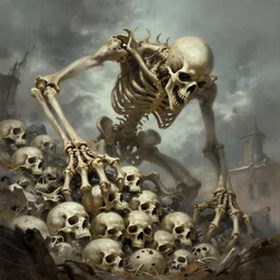 giant skeletal ghoul devouring a mountain of skulls, digital painting, mixed media, trending on artstation and deviantart, epic composition, highly detailed, 8 k
