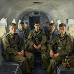 an award winning painting of soldiers sitting inside a plane on their way to the battlefield, an emotionless look on their faces, in the style of grek rutkowski