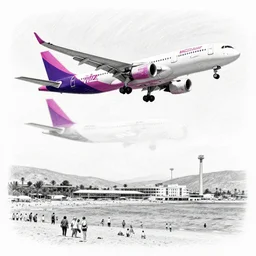 black pencil drawing of a wizzair airbus a 3 2 1 neo landing at skiathos airport, low over the heads of the people on the beach