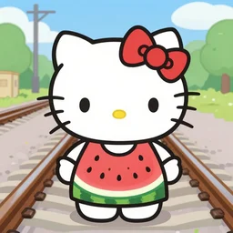 hello kitty, wearing a watermelon dress, waiting by the train tracks