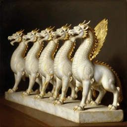 a line of detailed white stone gold dragone statures lined up, oil paint, classic art, 1 6 century style, volume light