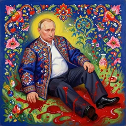 putin's death, a lot of blood, painting in khokhloma russian traditional style vibrant colors artstation highly detailed