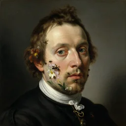 oil painting portrait of a man with a strange disturbing face made of flowers and insects by otto marseus van schriek rachel ruysch dutch golden age
