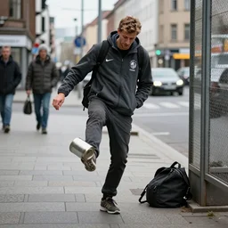 4k photography. thomas muller is a bum in the streets of berlin, kicking a can.