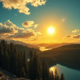 photo hyper realistic arthouse solarpunk in the funny big lake, in the funny big lake the sky sun shining beautiful clouds at the summit lush forests, graffiti i the wall style futuriste brutalism, wall color gold and black turquoise ratio, octane render excellent composition