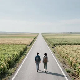 A science fiction landscape with two people walking down a road flanked by fields, in the distance a floating futuristic city, golden hour, volumetric light, hyperdetailed, artstation, cgsociety, 8k