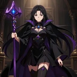 an attractive anime female necromancer mage symmetrical, donned in black cloak with purple staff full view of character in frame