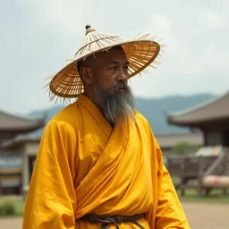 an old eastern battle monk full body photo, wearing a yellow toga, and a straw hat digital art