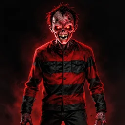 zombie freddy krueger, in the style of beksinski, red, black, glowing, vibrant, chiaroscuro, high detail, perfect artwork, clean lines