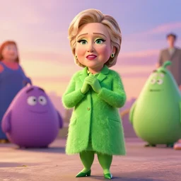 a hilary clinton as disgust inside out extremely green and sassy, mr. nimbus character design, sharp, rendered in unreal engine 5, anime key art by glen keane, ross tran, bloom, dramatic lighting, sunrise