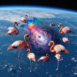 rainbow colored flamingos, multicolored feathers, space travel, hubble, nasa, archive photo, orbiting earth