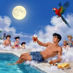 masterpiece portrait of a ( ( ( una cerveza ) ) ), ( ( guapo joven cuban macho reclining poolside ) ), nubes y magia, la luna, parrot, concept character, by greg rutowski and tezuka and oi and mucha and bierstadt and remington, trending on artstation