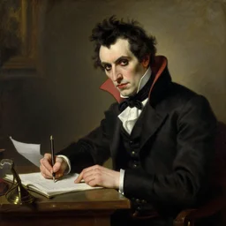 franz schubert composing his new masterpiece, but he is a vampire, a very detailed oil painting, by josef kriehuber, classical oil painting, fine artstyle, from louvre