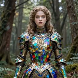a masterpiece ultrarealistic ultradetailed portrait of a incredibly beautiful girl in incredible armor made of stained glass. baroque renaissance. in forest. medium shot, intricate, elegant, highly detailed. trending on artstation, digital art, by stanley artgerm lau, wlop, rossdraws, james jean, andrei riabovitchev, marc simonetti, yoshitaka amano. background by james jean and gustav klimt, light by julie bell, 4 k, porcelain skin.