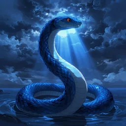 sea serpent beneath a stormy sky, peter mohrbacher, sunset, with blue light piercing through clouds, makoto shinkai, royal blue colors, lighting refraction, volumetric lighting, pixiv art, highly detailed, anime art, symmetrical, wlop