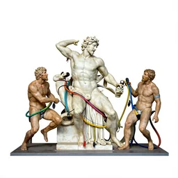 long line-up of laocoon and his sons struggling with color coded network cabling, intertwined full body view, colorized postcard photography, white background