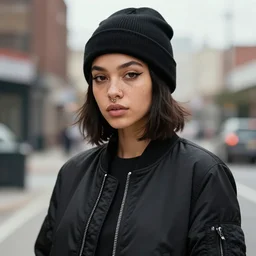 portrait of a mixed woman with freckles, septum piercing, winged eyeliner, black beanie, black bomber jacket, urban environment, depth of field, character design, concept art