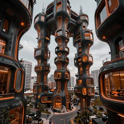 organic inner - city filled with generative design innovative survival pod buildings, biomechanical design, black and orange colour palette, generative design structure, archviz
