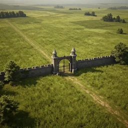 Render of a large scale field landscape. single gate as centerpiece. Stylized. Digital art. Medieval. Highly detailed. Unreal engine 5. 8k. Evocative.