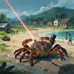 establishing shot of a village near a beach, a gigantic crab crawling from the ocean towards village, [ laser ] [ turret ] [ attached ] to crab, deviantart artstation, by jason felix by steve argyle by tyler jacobson by peter mohrbacher, cinematic lighting