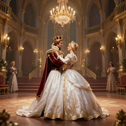 highly detailed digital illustration of a newly married king and queen dancing in the grand ballroom of a fantasy castle | fantasy art, cryengine, concept art, photorealism, daz 3 d, sketchfab, zbrush, vray, rule of thirds, golden ratio