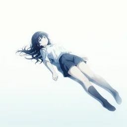 high quality illustration of anime girl laying on the floor in an empty white void, drawn by yoshitoshi abe, dystopian, blueish tones