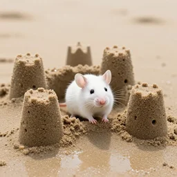 dslr photo still of a cute little white mouse peaking out of a sand castle on wet sand in a bright sunny day, 8 k, 8 5 mm f 1. 4